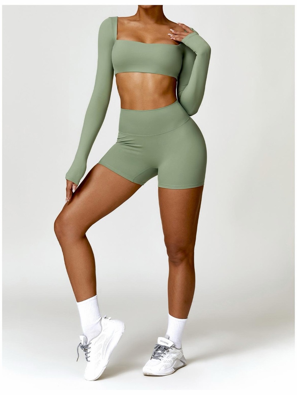 High-Waist Sage Green Women's Active Shorts Set